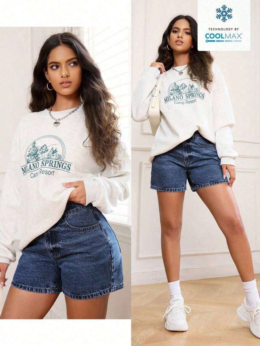 PETITE Pantalones cortos vaqueros de mujer simples y de moda, apropiados para el verano - Azul lavado oscuro 2 - Ver 1