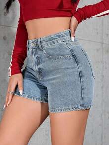 PETITE Shorts de mezclilla casuales y sencillos de unicolor para mujer, shorts de mezclilla de verano - Lavado ligero 2 - Ver 5