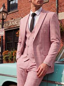 Mens 3 Pieces Suit Set Plaid Slim Fit  Checked Casual Tuxedo Formal Suits For Men Wedding Business Party Blazer Vest Pant - Hồng - Xem 1