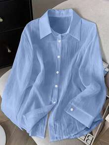 Women's Lightweight Lace Trim Semi-Sheer Layered Shirt, Fashion Designer Version, Suitable For Spring, Summer And Autumn, Machine Washable, Boho-Chic - Blue - View 2