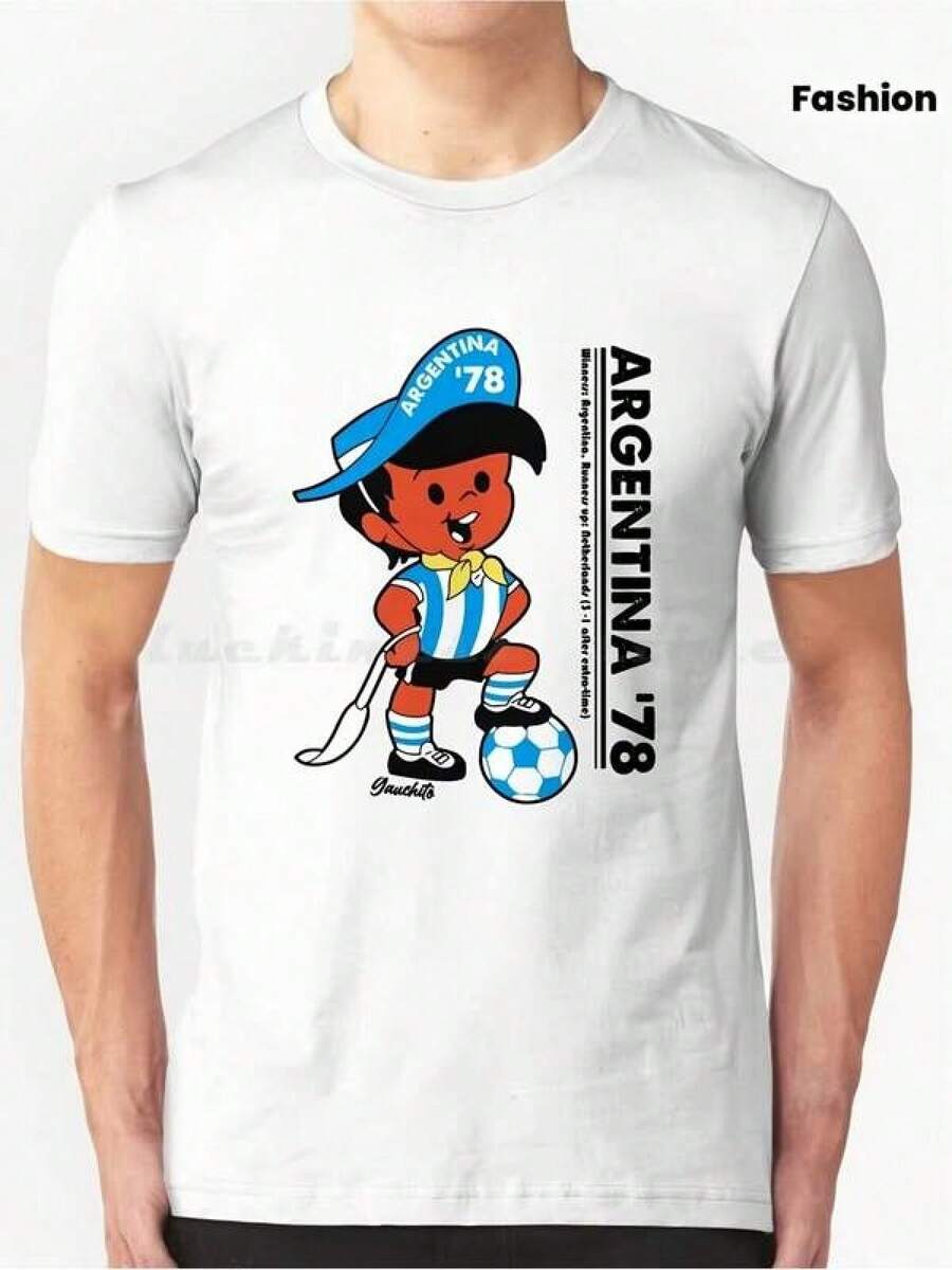 Camiseta con estampado de la mascota de Argentina 78, talla XXL, estilo retro a la moda, tema clásico de fútbol Gaoqituo, estilo Argentina, México, Brasil. - Negro - Ver 1