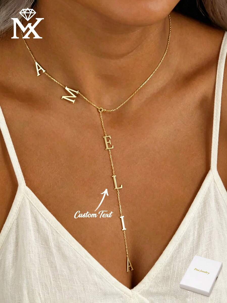 1 Piece Of Personalised Stainless Steel Pendant Necklace, Tassel Necklace, Exquisite Dangling Name Necklace, Long Y-Shaped Necklace, Initial Necklace - Yellow Gold - View 1