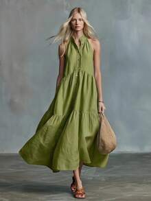 2026 New Elegant Sleeveless Casual Loose Linen Buttoned Vest Dress - Off White - View 9