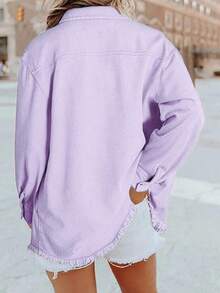 Chaqueta vaquera casual de unicolor para mujer con bolsillos y bordes deshilachados, manga larga, para primavera/otoño - Morado claro - Ver 3