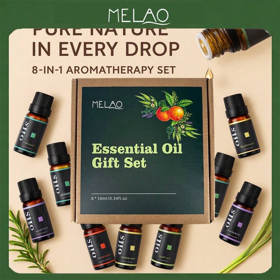 MELAO 8-Piece Essential Oil Gift Set, 10ml Per Bottle, 100% Natural Aromatherapy Oils For Diffuser, Humidifier, Massage, Skincare, Candle Making, Home, Office And Spa - 8 Pcs - View 1