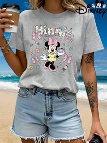 Authentic Disney Ladies Summer Dress Minnie Mouse And Flower Bow Cartoon Pattern New Short-Sleeved T-Shirt Blouse Ladies Casual Fashion Printed T-Shirt Women In Summer. - 白色 - 查看 7