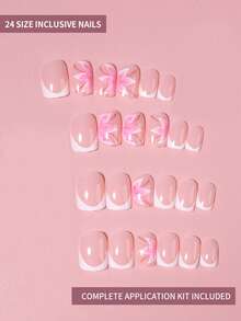 24pcs Short Square Flower Nail Art Design French Press-On Nails, Short Length Perfect Fit Acrylic Fake Nails Set, Includes: 1pc Jelly Gel And 1pc Nail File, Suitable For Summer Nails - Multicolor - View 2