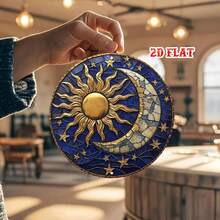 2D Flat - One-Piece 2D Flat Moon Theme Decorative Sign, Circular Design, Sun Shaped Plaque, Rustic Metal Wall Art With Stars, Suitable For Home, Garage, Restaurant Or Cafe Wall Decor - A - View 2
