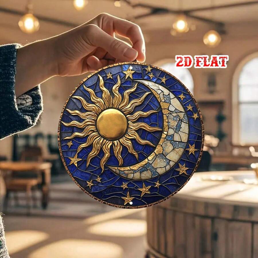 2D Flat - One-Piece 2D Flat Moon Theme Decorative Sign, Circular Design, Sun Shaped Plaque, Rustic Metal Wall Art With Stars, Suitable For Home, Garage, Restaurant Or Cafe Wall Decor