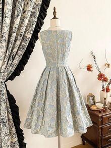 Vestido de mujer elegante y vintage con estampado floral de jacquard para fiestas, festivales y eventos elegantes. Vestidos largos elegantes para fiestas para mujeres en otoño, invierno, Navidad, Halloween y Año Nuevo. - Verde pastel 2 - Ver 8