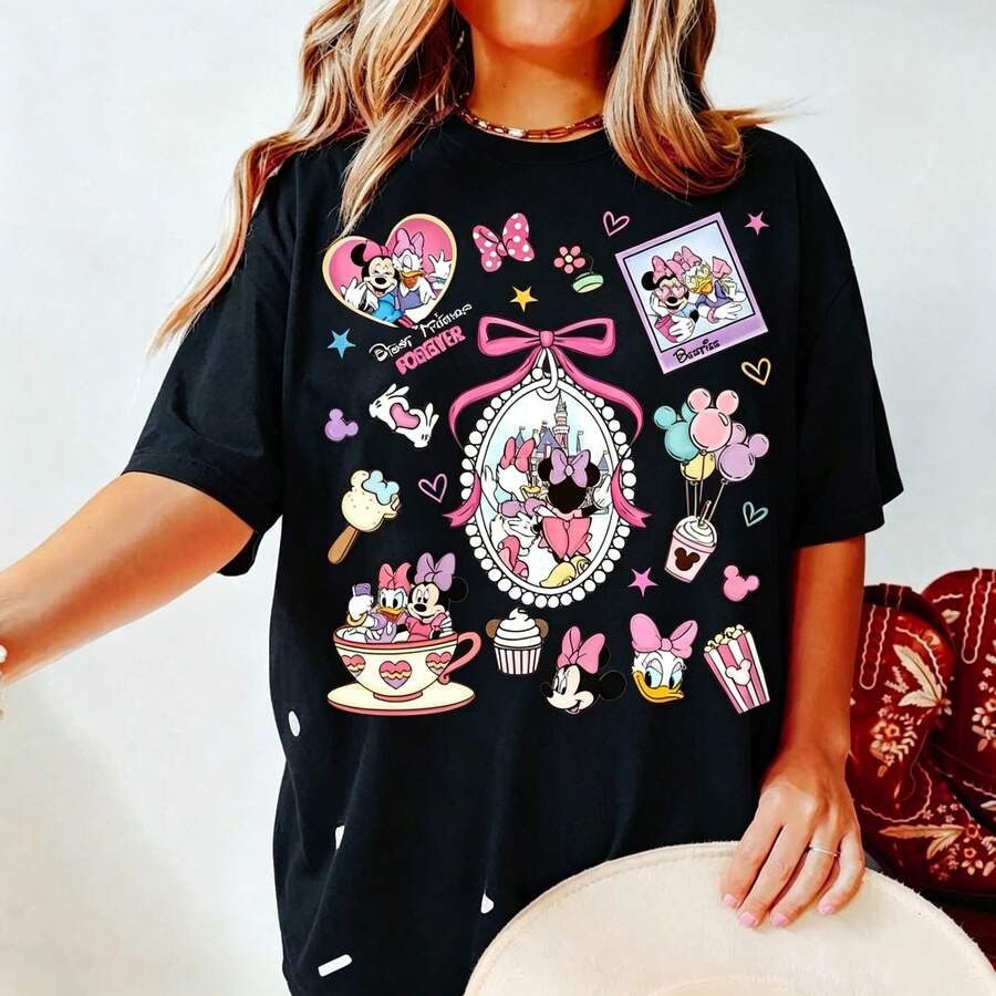 Disney Women's T-Shirts Retro Bow Minnie And Daisy Oversized T-Shirts, 100% Cotton Retro Short-Sleeved Casual Shirts, And Graphic Printing T-Shirts For 2026 Disneyland Vacation Travel - màu đen - Xem 1