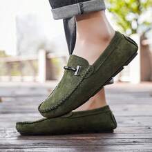 Men's Loafers Lightweight Handmade Stitching Solid Color Slip-On Flat Shoes, Men's Casual Moccasins Boat Shoes - Army Green - View 6