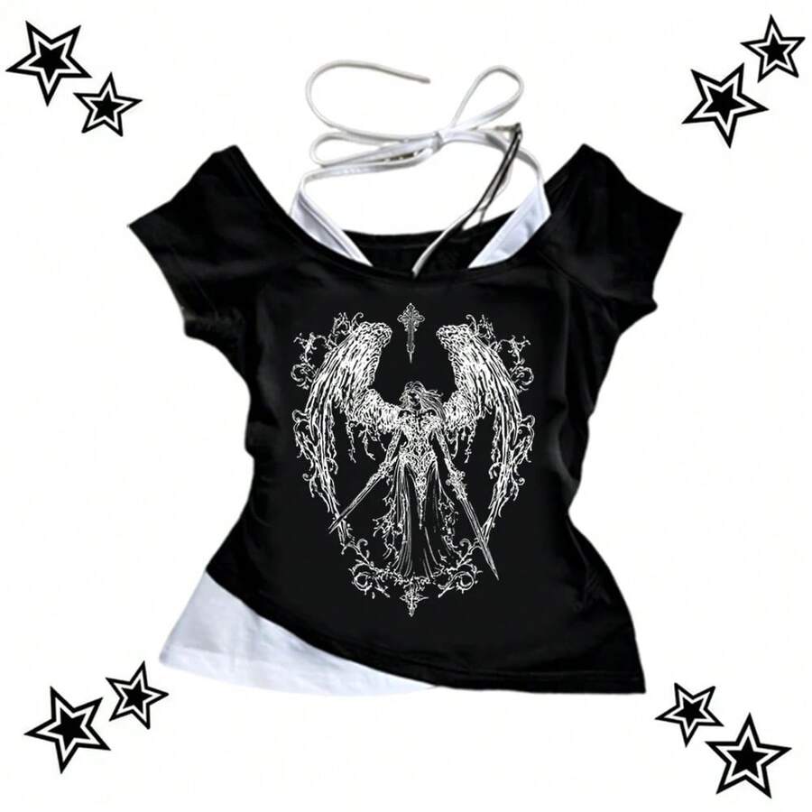 -Tops con corsé Retro sin tirantes para mujer, Tops cortos Harajuku con estampado gótico, camisola lisa, Topsexy informal sin mangas con tirantes para verano - Negro 02 - Ver 1