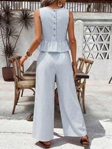 Conjunto casual de 2 piezas con blusa plisada de unicolor y pantalones de pierna ancha para mujer - Celeste - Ver 2