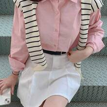 Fashion Women's Clothing  Blusa suelta de unicolor con botones para mujer, de moda para el verano y el otoño, top de manga larga - Rosa - Ver 9