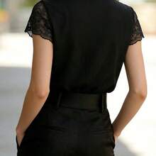Fashion Women's Clothing  Blusa elegante de mujer con parches de encaje y manga corta abotonada - Negro01 - Ver 3