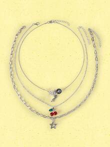 Popjeli Set Kalung Leopard & Cherry 3 Buah, Kalung Cherry Merah, Kalung Bintang Modis, Kalung Leopard Klasik - Perak - View 2