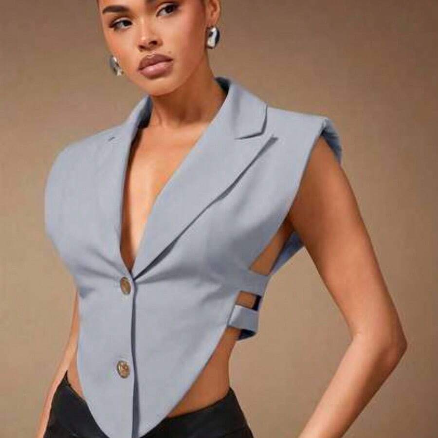 Blusa de mujer de verano, unicolor con cuello polo, bajo asimétrico, perforada con recorte lateral y botones dorados, blusa sexy para oficina, citas, conciertos, actuaciones, fiestas, clubes - Celeste - Ver 1