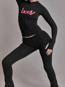 Y2K Hooded Zip-Up Crop Top & High Waist Leggings 2-Piece Set, Grey Form-Fitting Loungewear Outfit With Pink Letter Print - 黑色 - 查看 6