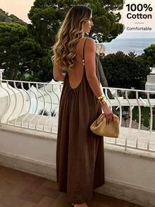 NOVELLE Women's Autumn Elegant Vacation Style Brown Spaghetti Strap Dress, Loose Casual Backless Maxi Dress, Suitable For Vacation, Dating And Party - Brown - View 1
