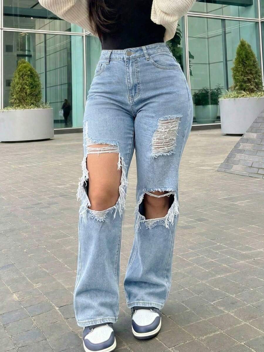 Women's Retro Loose Boyfriend Straight Leg Jeans - Light Wash - View 1