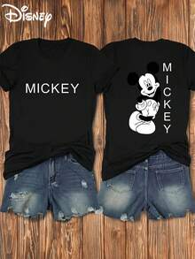 Disney Mickey Mouse And Letter Print, Front And Back Print, Soft And Elastic, Casual Short-Sleeve Top, Fashionable Round-Neck Short-Sleeve T-Shirt, Women's Clothing - màu đen - Xem 1