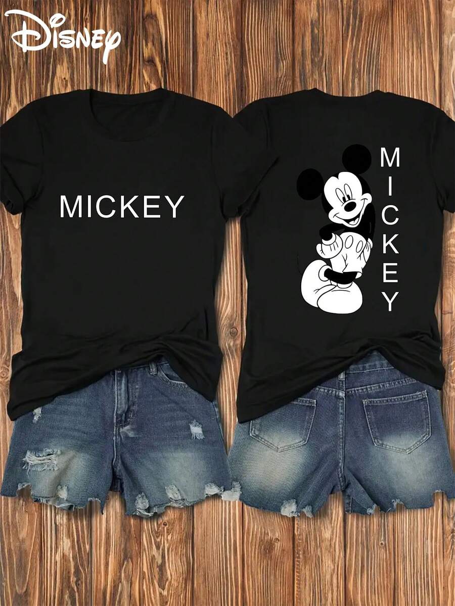 Disney Mickey Mouse And Letter Print, Front And Back Print, Soft And Elastic, Casual Short-Sleeve Top, Fashionable Round-Neck Short-Sleeve T-Shirt, Women's Clothing - màu đen - Xem 1