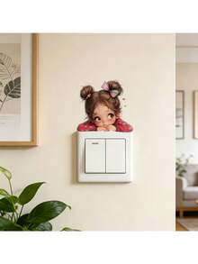 Cute Double Bun Little Girl Peeking Light Switch Wall Decal, Cartoon Doll Self-Adhesive Light Switch Sticker Suitable For Children's Bedroom, Nursery, Girls' Room Light Switch Panel, Removable Peel And Stick, Fun Theme Art - Cute Little Girl With Double Buns - View 4