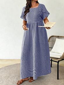 Plus Size Women's Square Neck Short Sleeve Ruffle Plaid Dress, Suitable For Casual Summer Vacation Wear - Multicolor - View 2