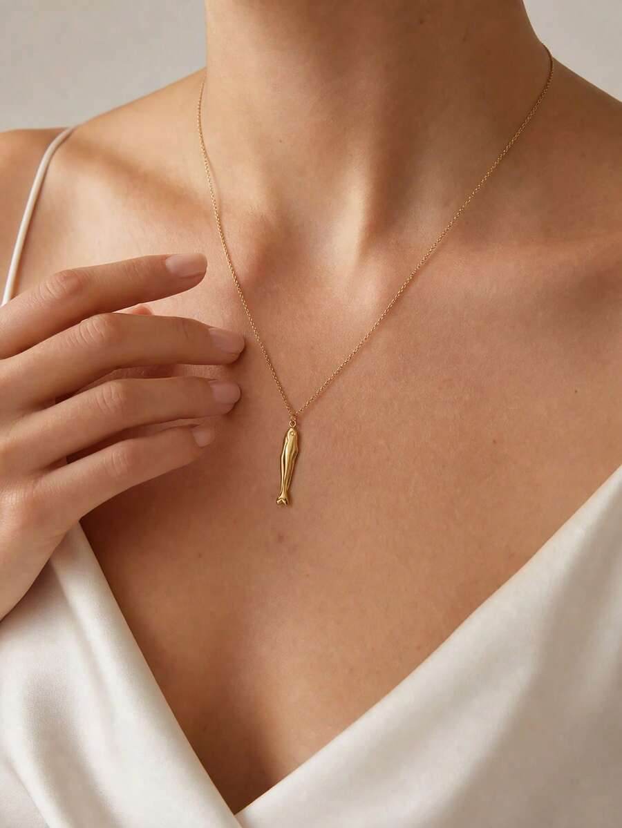 1pc 18K Gold Plated Stainless Steel 3D Fish Pendant Necklace, Ocean Vacation Style, Hypoallergenic, Suitable For Women's Daily, Vacation & Casual Wear - Gold - View 1