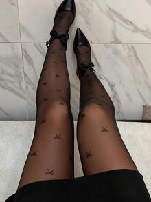 1/2/3 Pairs Women's Fashion Street Style Bow Print Thin Transparent Tights Summer Slim Fit Leggings - Black - View 3