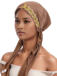 1pc Crinkle Solid Color Turban Hijab With Gold Rhinestone Decor, Stretchy Pre-Tied Head Scarf For Muslim Women, Instant Head Wrap Cap - A - View 8