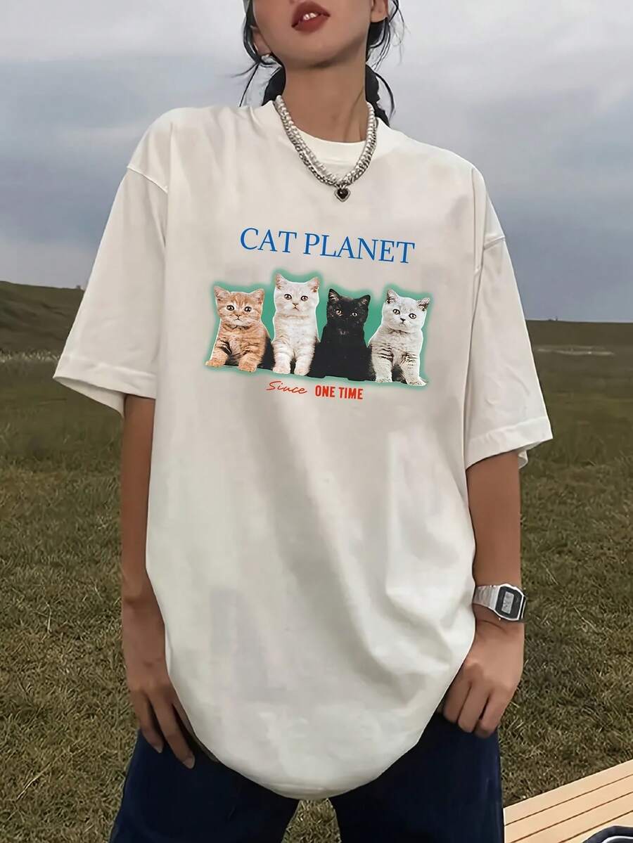 Camiseta de manga corta holgada para mujer de primera calidad con diseño de estampado de dibujos animados. # 3333 Ecológico - Blanco - Ver 1