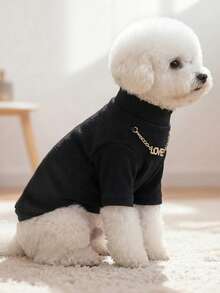 PETCIRCLE 1件宠物服装，室内外皆宜，欧美韩风，适合贵宾犬、泰迪犬、小型犬和幼犬，休闲舒适，LOVE项链T恤 - 黑色 - 查看 2