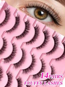 ENCHUW 14 Pairs Transparent Dense Natural Long Fluffy Soft Thin False Eyelashes Reusable Makeup Eyelashes - 黑色 - 查看 1