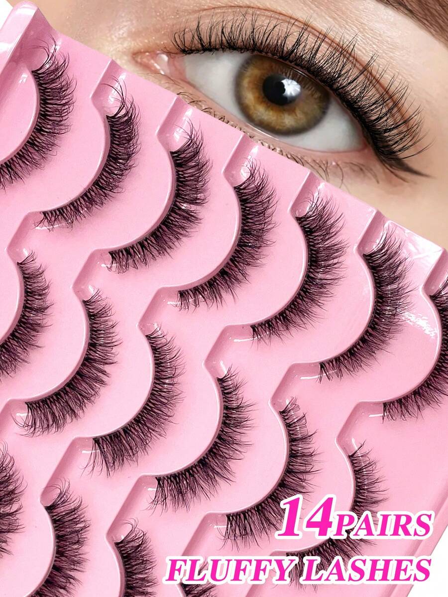 ENCHUW 14 Pairs Transparent Dense Natural Long Fluffy Soft Thin False Eyelashes Reusable Makeup Eyelashes - 黑色 - 查看 1