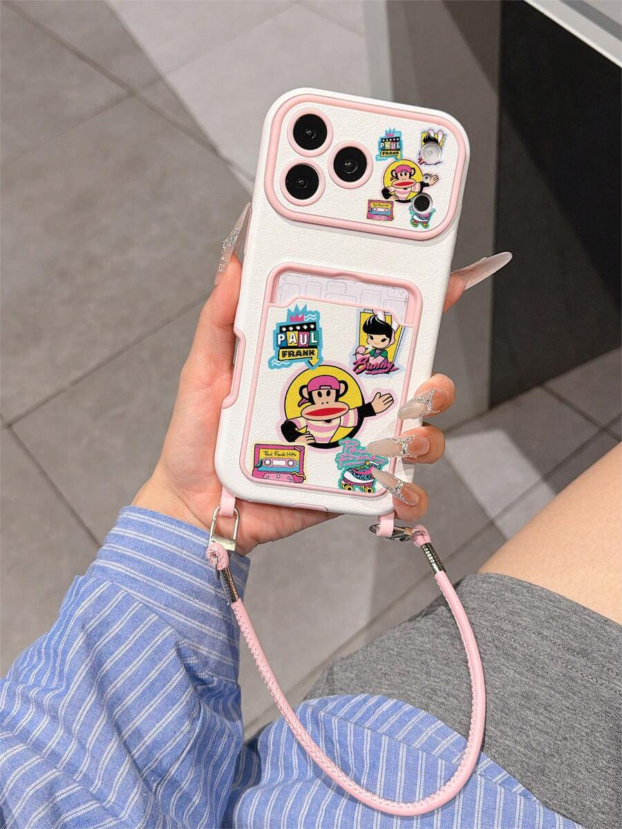 Ốp lưng điện thoại bảo vệ chống sốc TPU da có dây đeo và ngăn đựng thẻ thời trang bản quyền Paul Frank, họa tiết patchwork nhân vật khỉ và thỏ hoạt hình, tương thích với Apple 11/12/13/14/14Plus/15/15Plus/16/16Plus/17/17Pro Series, quà tặng lễ, đi làm, thiết kế chống rơi chất lượng cao - Nhiều màu - Xem 1