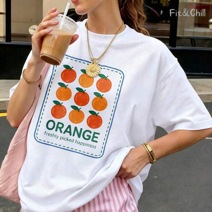 Women's T-Shirt Orange Fruit Pattern Print Design Short Sleeve Crew Neck Casua Suitable For Spring And Summer - White - View 1