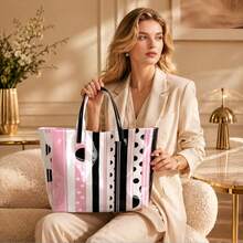 Striped & Polka Dot Print Tote Bag, Glossy PVC Waterproof Handbag, Retro Geometric Casual Shoulder Bag, Large Capacity Reusable Tote For Women, Work, Beach, Daily Shopping - 粉色 - 查看 8