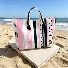 Striped & Polka Dot Print Tote Bag, Glossy PVC Waterproof Handbag, Retro Geometric Casual Shoulder Bag, Large Capacity Reusable Tote For Women, Work, Beach, Daily Shopping - 粉色 - 查看 9