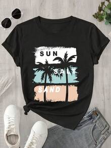 100% Pure Cotton Summer T-Shirts, Women's Short-Sleeved T-Shirt With Coconut Tree Print. - Black - View 6