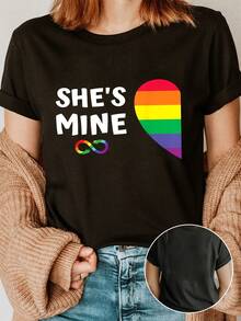 Summer Tops, Casual, Loose Fit, "She's Mine" T-Shirt With Half A Rainbow Heart And Fashionable Lettering, Short-Sleeved Crew Neck Casual Top For Summer And Spring, Women's Clothing, Cotton T-Shirt - Black - View 1
