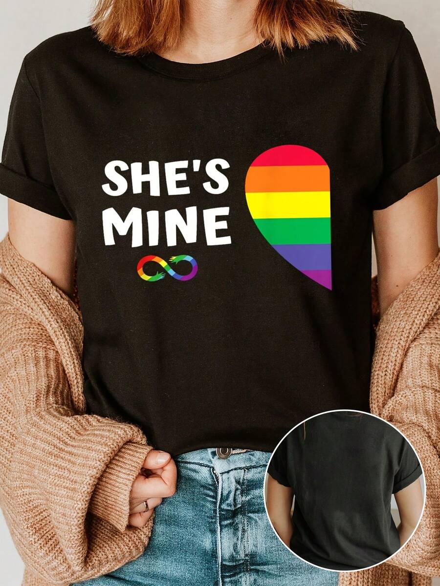 Summer Tops, Casual, Loose Fit, "She's Mine" T-Shirt With Half A Rainbow Heart And Fashionable Lettering, Short-Sleeved Crew Neck Casual Top For Summer And Spring, Women's Clothing, Cotton T-Shirt - Black - View 1