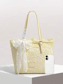 Bolso tote de encaje calado gran capacidad asa de piel regulable lazo de encaje desmontable varios colores mujer diario playa viaje vacaciones regalo - Amarillo - Ver 6