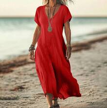 Loose-Fitting Solid Color V-Neck Cotton-Linen Women's Dress - White - View 10