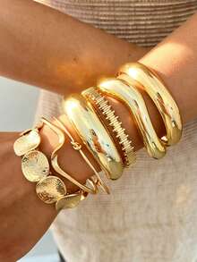 7 piezas Brazaletes abiertos asimétricos con ondas y patrón geométrico vintage, accesorios simples y de moda para mujeres, adecuados para uso casual, fiesta, boda y vacaciones de verano - Estilo 1 - Ver 1