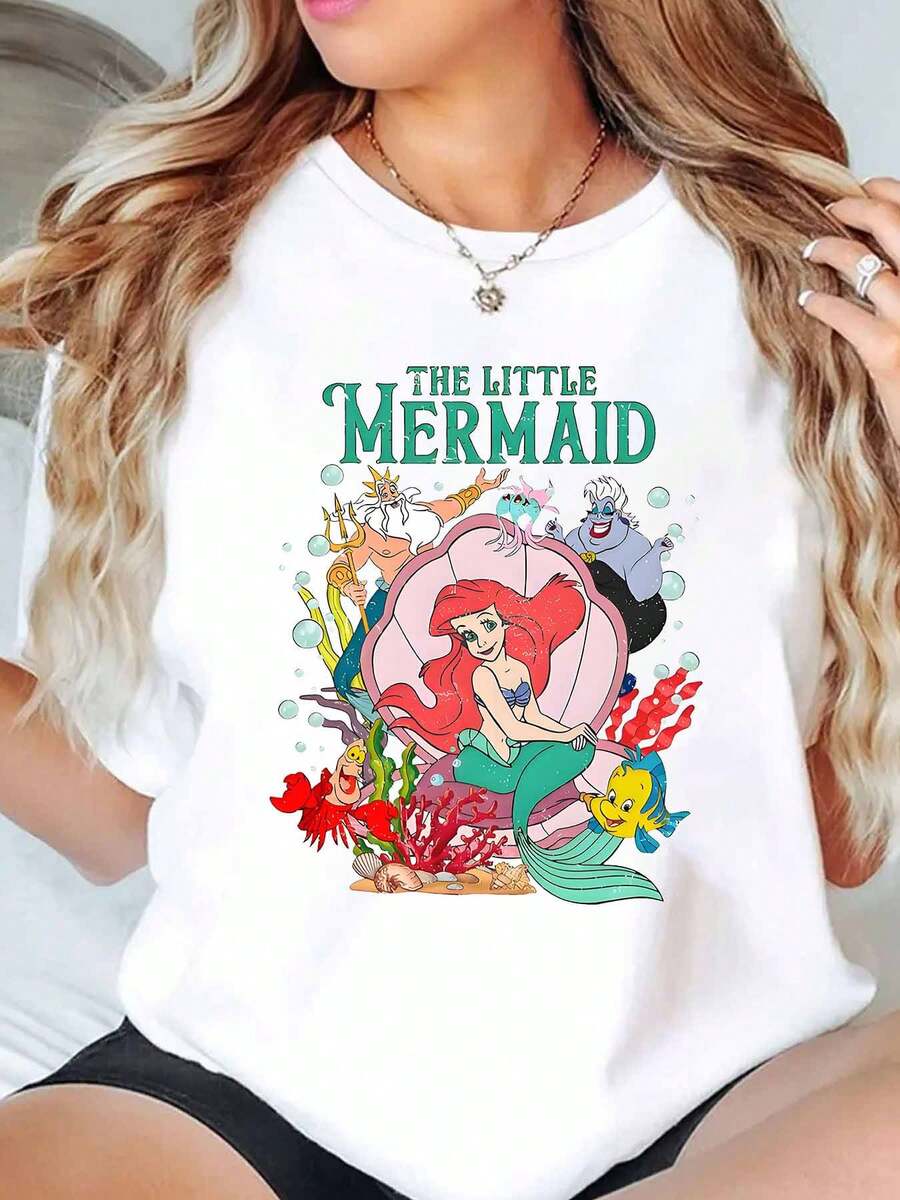 The Mermaid Ariel And Friends Print Disney Women T Shirt Round Neck Short Sleeve Casual Summer Wear For Beach Vacation Soft Comfortable 220g - trắng - Xem 1