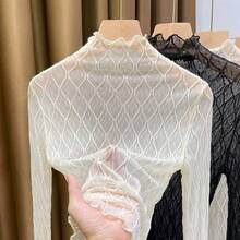 Top de cuello alto elegante y para mujer, Top de encaje de tela de malla de Color sólido, Top de malla transpirable con patrón hueco - Albaricoque - Ver 1