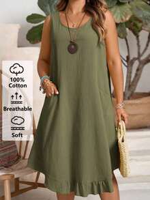 EMERY Vestido de verano casual de talla para mujer, de color verde militar sólido, sin mangas, con volantes en el bajo y parches de encaje en la espalda - Verde militar - Ver 7