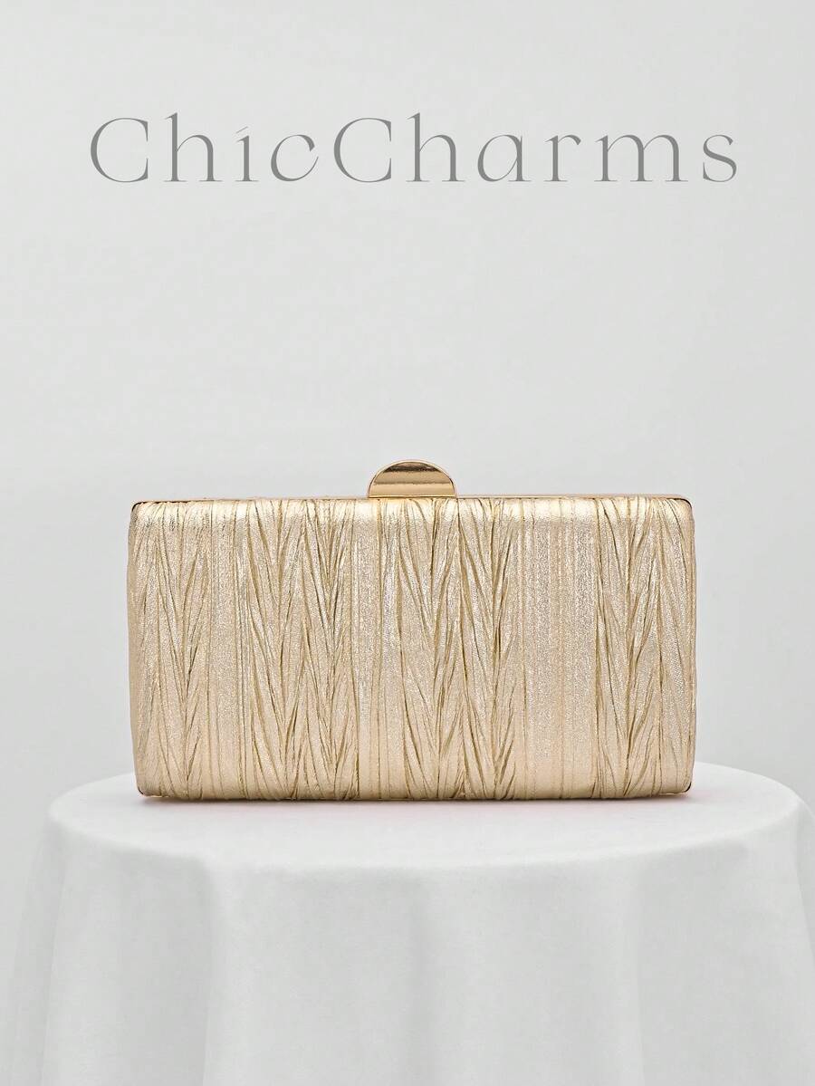 1pc Shiny Gold Pleated Elegant Small Clutch Bag, Rhinestone Chain Strap Fashion Handbag For Women, Suitable For Evening Gown, Formal Party, Wedding, Cocktail Party, Gift For Ladies - Gold - View 1